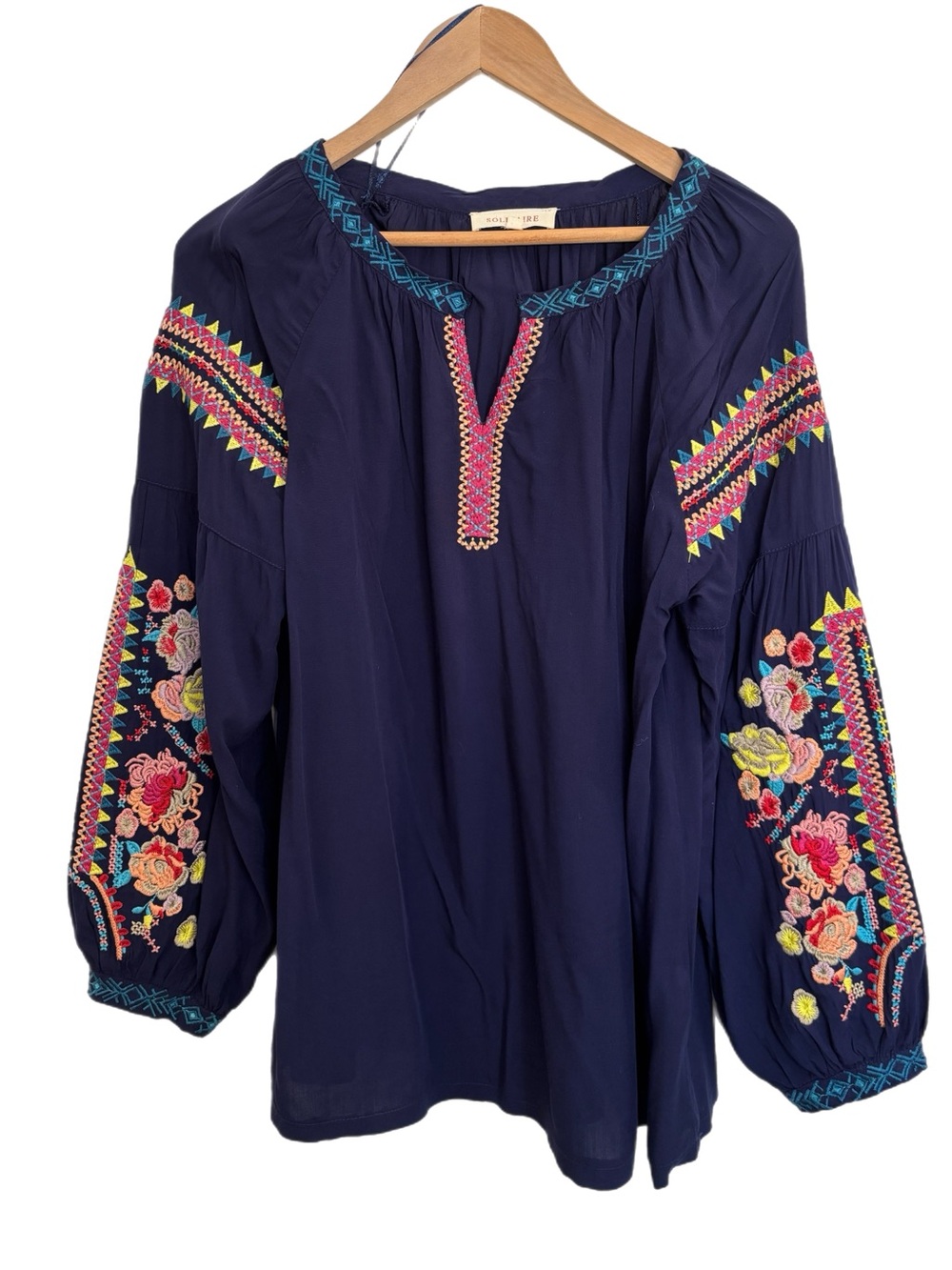Solitaire dark blue embroidered long sleeve tunic blouse